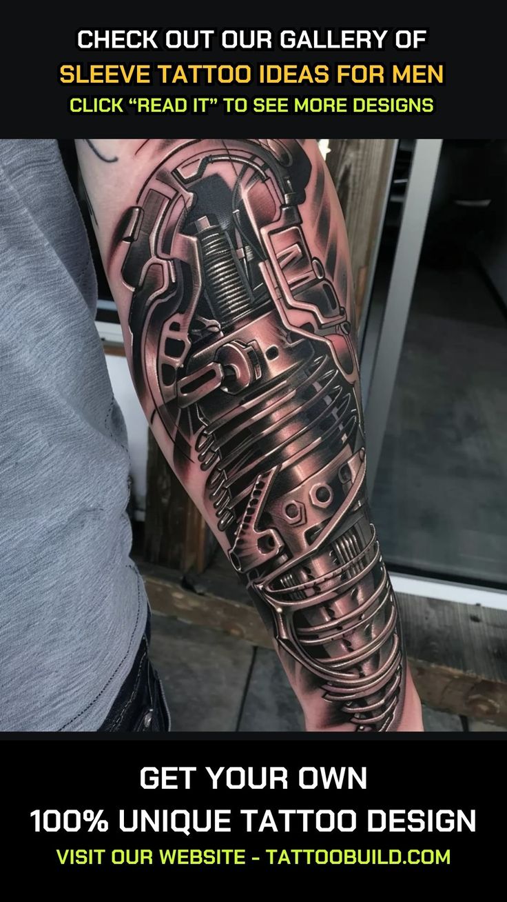 Sleeve tattoo ideas for men. Biomechanical Cyberpunk mechanical tattoo