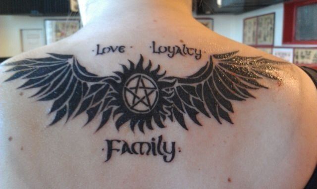 I've been in love with this Supernatural tattoo for ages and someone  finally got it. I'd get it in the same place, but without the text.