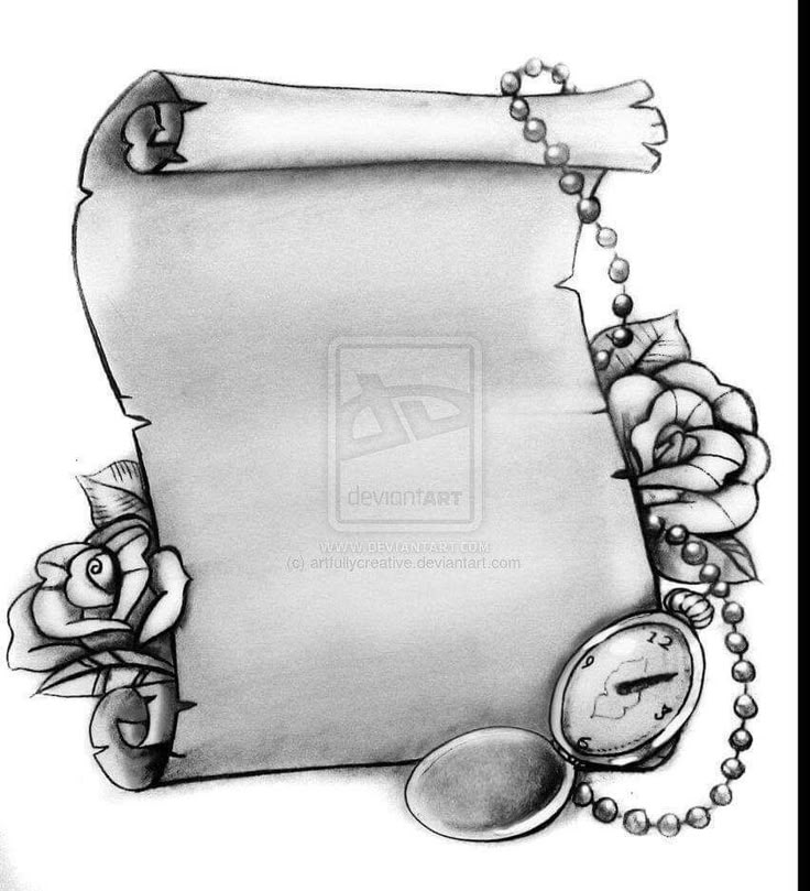 Vintage Scroll Tattoo with Roses and Pocket Watch