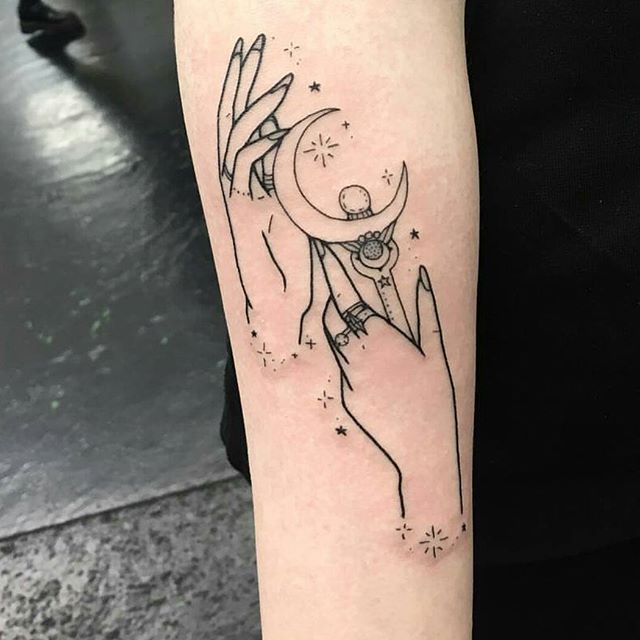 So in love with this super awesome Moon Stick tattoo From @EmilyMalice # Sailormoon #SailorMoonTattoo #tattoo #sailormooncresentwand #tattoohands  #handstattoo #moonsticktattoo #sailormoonsticktattoo