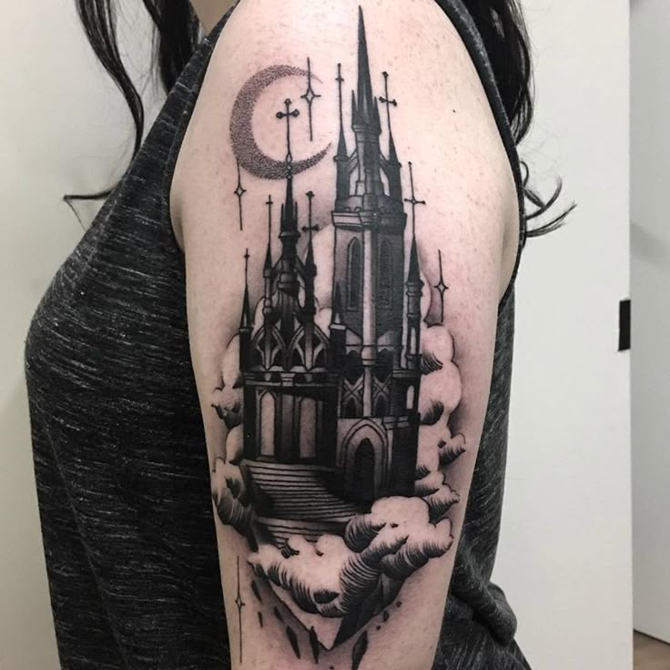 Haunted Castle Arm Tattoo Tattoo İdea #b&g #Girl'supperarmtattoo