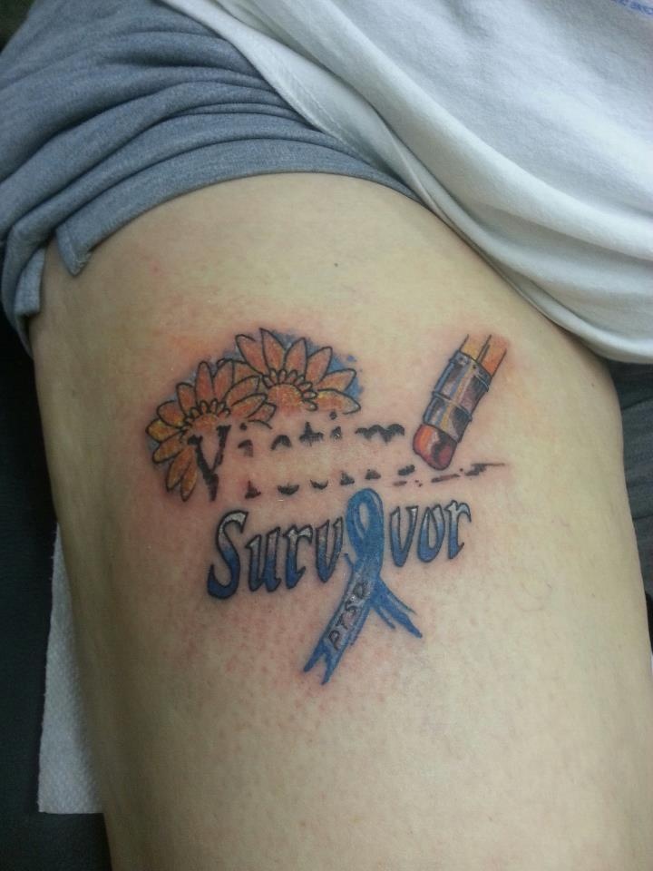 This Tattoo is a tribute to my healing process over the last few years.  It's covering the taser scar on my thigh. It is a twist on a tattoo I found  online.