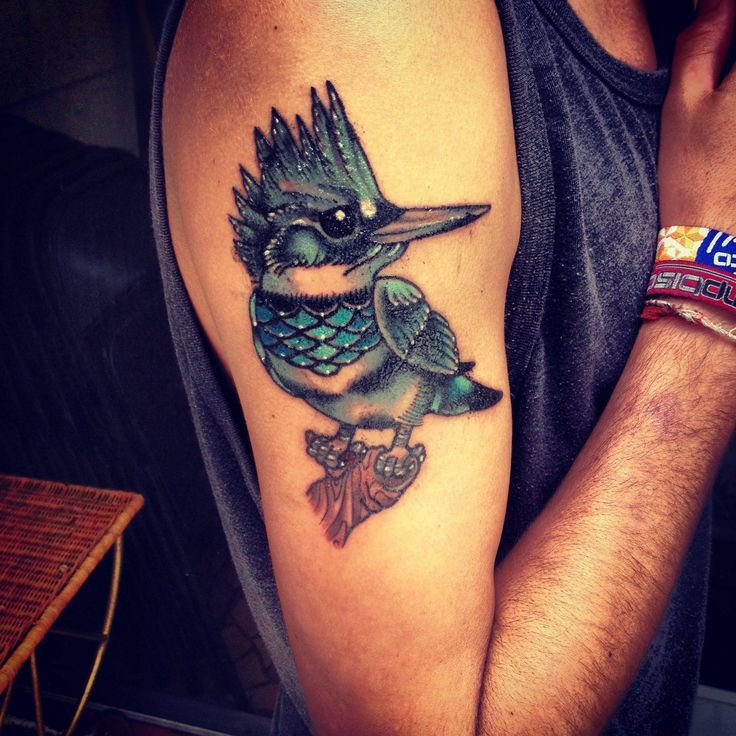 traditional styled Belted Kingfisher tattoo (I saw one just like this  fishing off dock rail while camping in Washington! very cool birds)