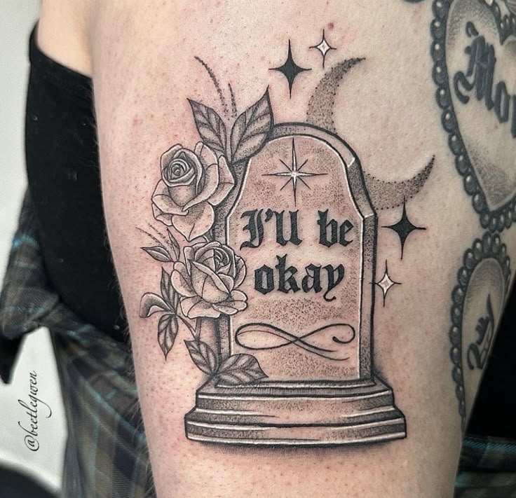 We'll be alright 🖤 Artist: @beetlegwen #Tattd #Tattdapp #tombstonetattoo  #moontattoo #tattooinspo | Coffin tattoo, Stone