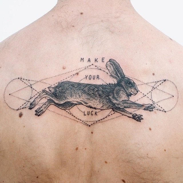 Make your luck - stipple rabbit running on shoulder blades. Thanks Kyle!