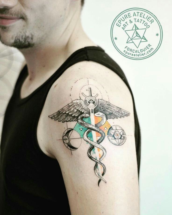 Geometric sketch caduceus kundalini tattoo | Caduceus tattoo, Tattoos for guys, Alchemy tattoo