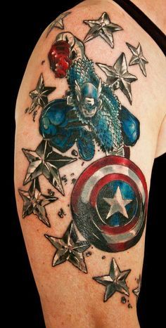 There is wide variety of Captain America Tattoo Designs for Men and Women  with Captain America wearing American motif of red, white or blue color.  Description from cartoondistrict.com. I searched for this