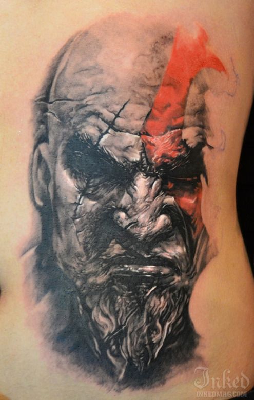 Kratos from God of War by Elvin Yong #InkedMagazine #tattoo #realistic  #blackandgrey #tattoos #ink #videogame #animation #inked #InkedMag #GodOfWar  #Kratos