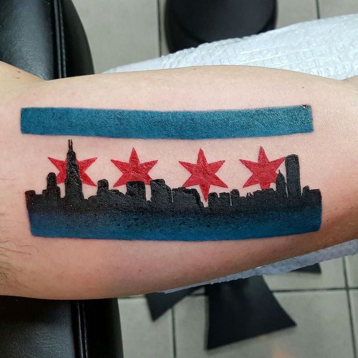 Chicago Flag and Skyline tattoo by @donmeatball @royalfleshtattoo #chicago  #chicagoflag #bodyart #chicagoskyline #chicagotattooshop  #royalfleshtattooandpiercing #chicagotattooartist #angelo