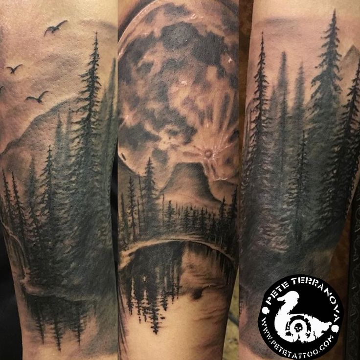 Black and gray wilderness tree moon lake tattoo