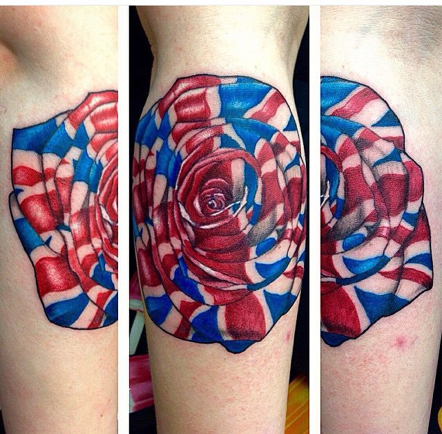 British flag rose tattoo. Traditional UK tattoo. Small British feminine  tattoo.