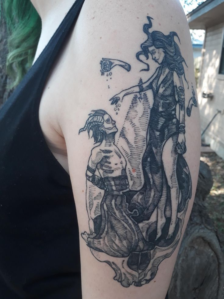 Persephone & Hades done by David Poe at Moon Tattoo in Austin TX