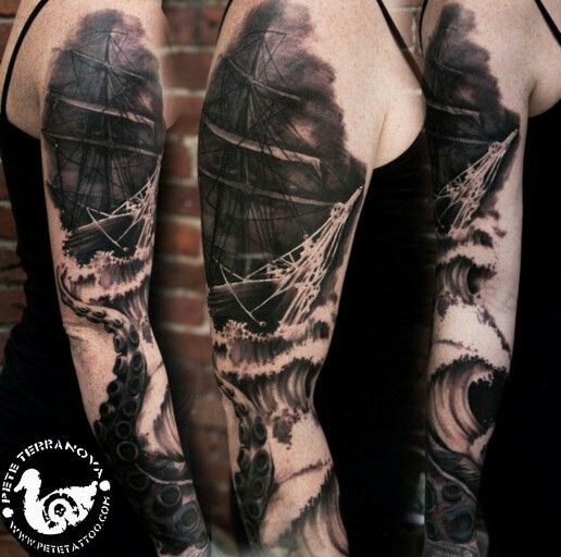 Black and gray realism sea ship tattoo