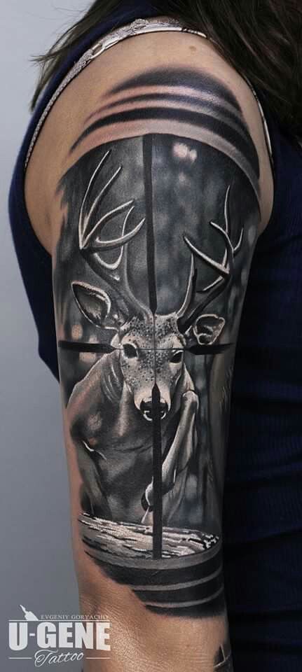 Love the tattoo not the sentiment - deer through the sights of a scope -  tap by @evgeniy_goryachiy