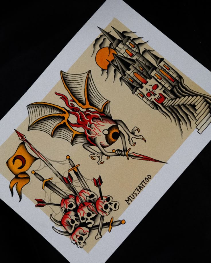 Dark fantasy traditional tattoo flash idea skulls castle