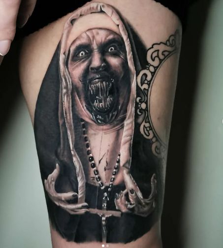 Scary Nun Tattoo Idea With Sharp Teeth: 162 Naturalistic And Catchy Horror Tattoo Designs Idea For