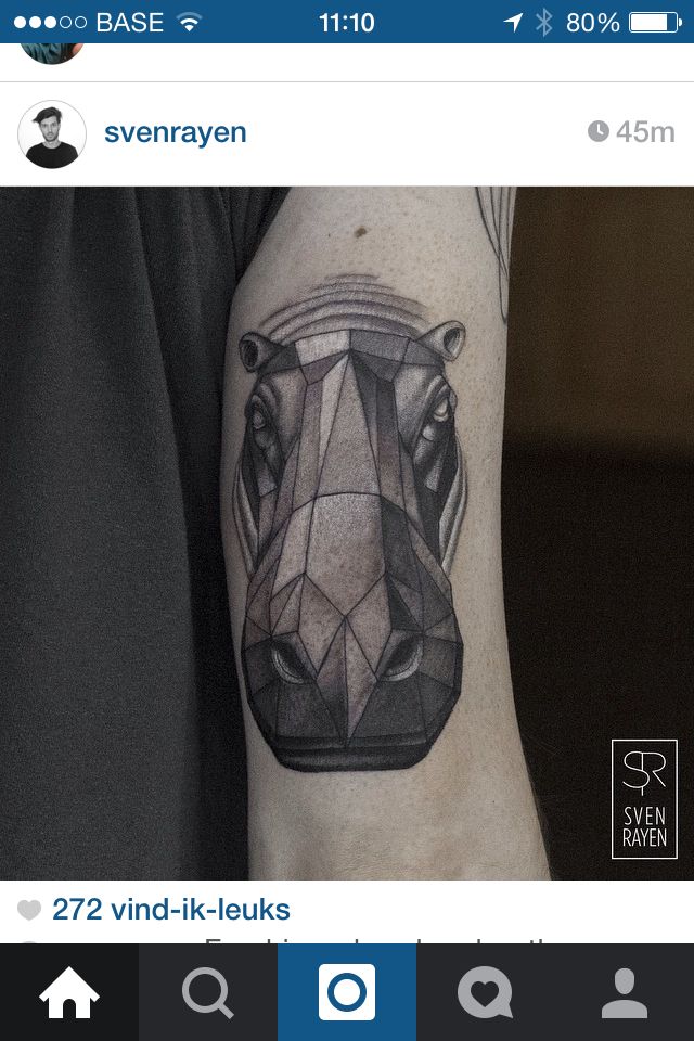 One of my latest tattoos by Sven Rayen - Geometric Hippo Head - Hippopotamus  - it's one of my favorites. Design represents my grandfather who is called  Hypoliet, HYPO was his tag for drawing
