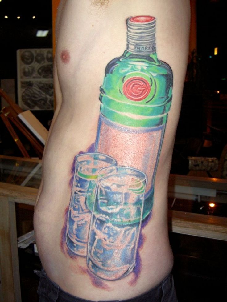 Side piece tattoo. Color tattoo. Alcohol tattoo.Tattoo by Micah Cichowicz.  Pioneer Tattoo in Kent, WA