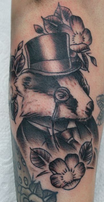 Black and Gray Gentleman Badger Tattoo by Mr Curtis