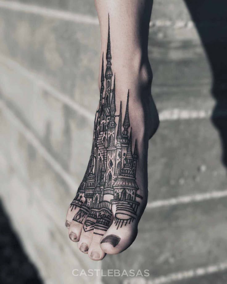 Linework Castle Tattoo on Foot – Best Tattoo Ideas Gallery
