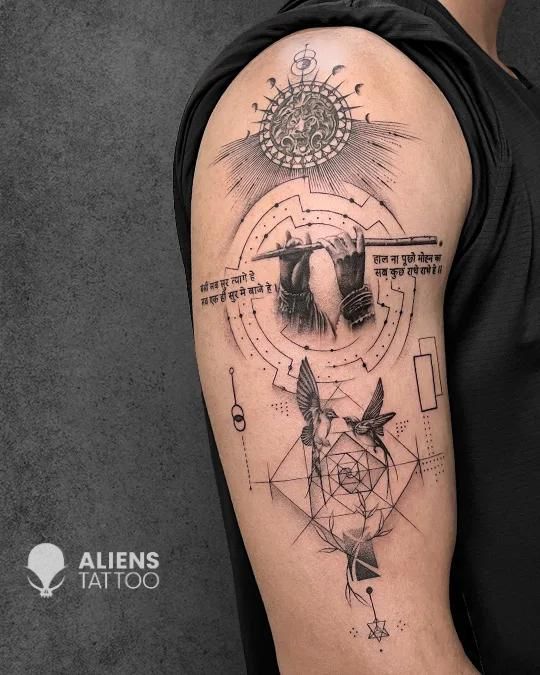 Krishna Flute Tattoo Blended with Modern Geometric Line Art