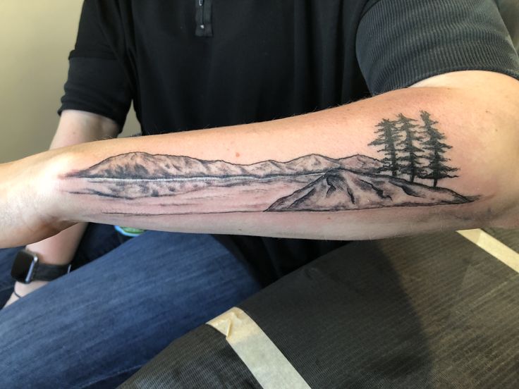 Landscape tattoo of mountains, trees and a lake on my forearm. Adirondacks.  #girlswithtattoos #landscapetattoo #forearmtattoo #mountaintattoo