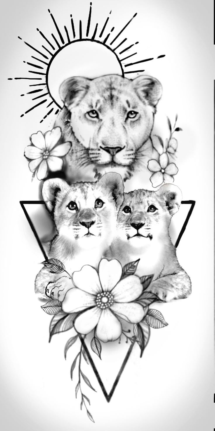 Lioness and her 2 cubs tattoo design