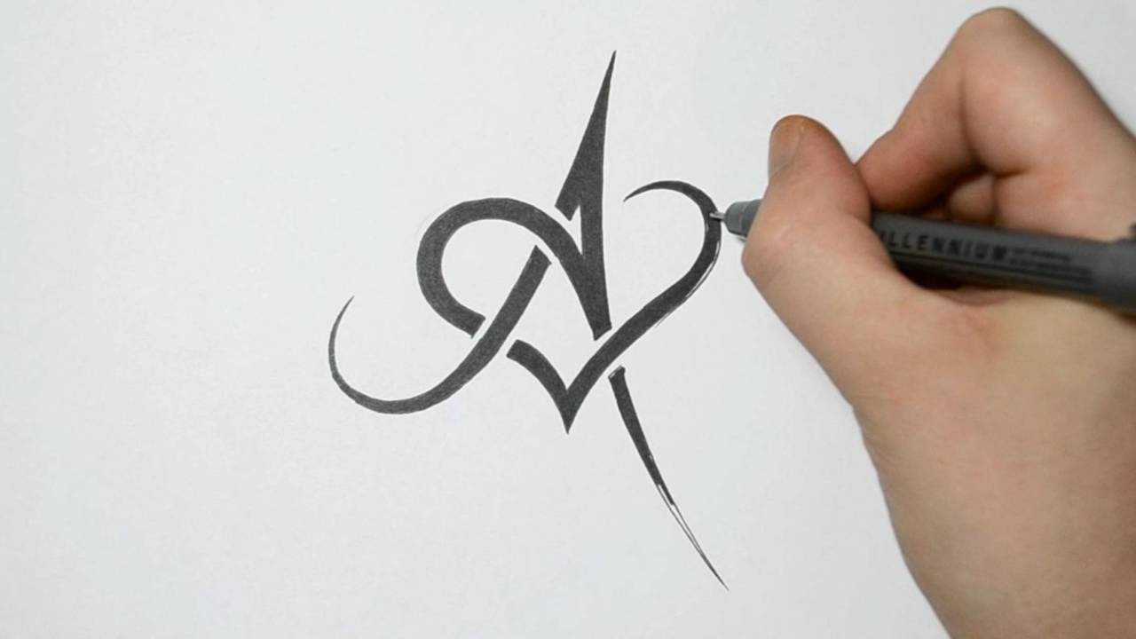 Drawing Letter A and Heart Combined - Tribal Tattoo Design Style