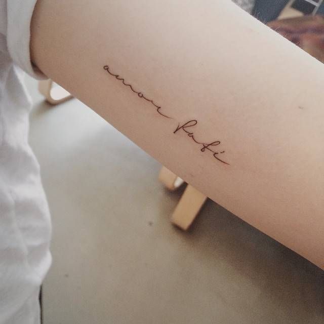Amor fati" tattoo in the left inner arm.