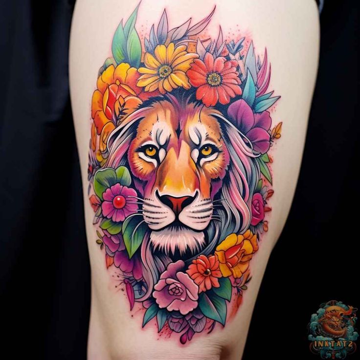 Roaring with Beauty: Exploring the Symbolism of Lion and Flowers Tattoos:  60 Designs - inktat2.com