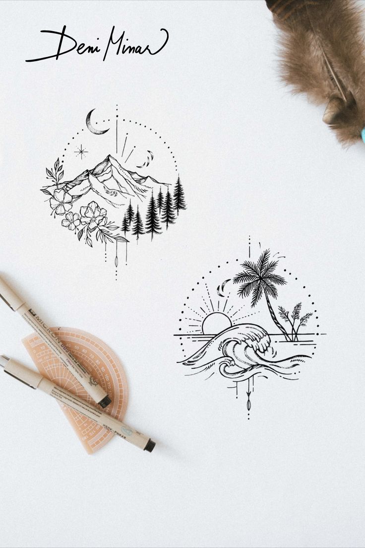 Nature art - custom drawing of a wave, mountain, and ocean suitable for a tiny tattoo idea