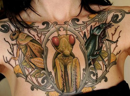 Bug preying mantis, grasshopper beetle chest tattoo, green ink
