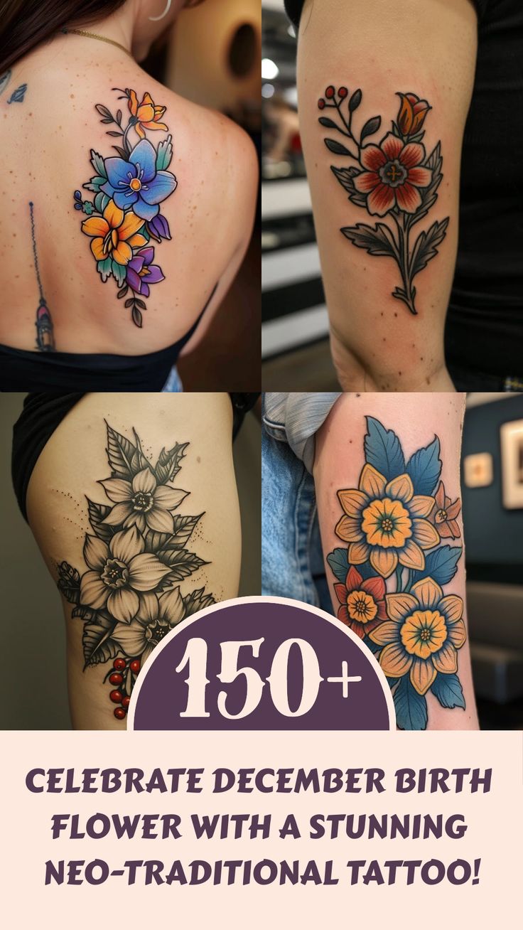 Celebrate December Birth Flower with a stunning neo-traditional tattoo!