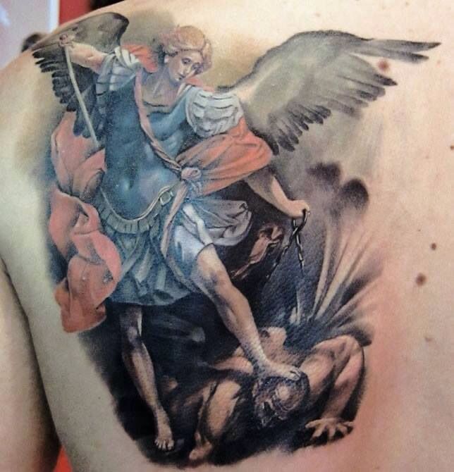 Angel vs demon tattoo! This would be a great tattoo but I would want just  black and white and I would change the angel to a pretty angel looking up  with bravery