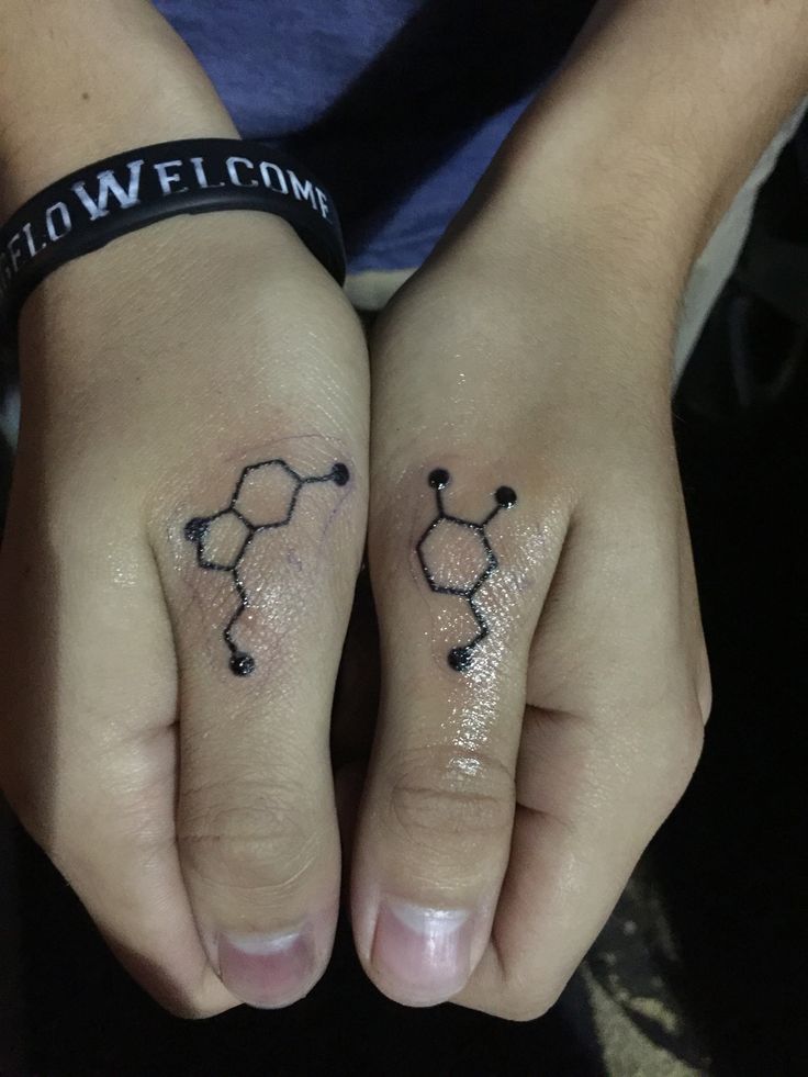 Dopamine & Serotonin thumb tats done by Eloy at Inkland Tattoos in San Angelo, TX